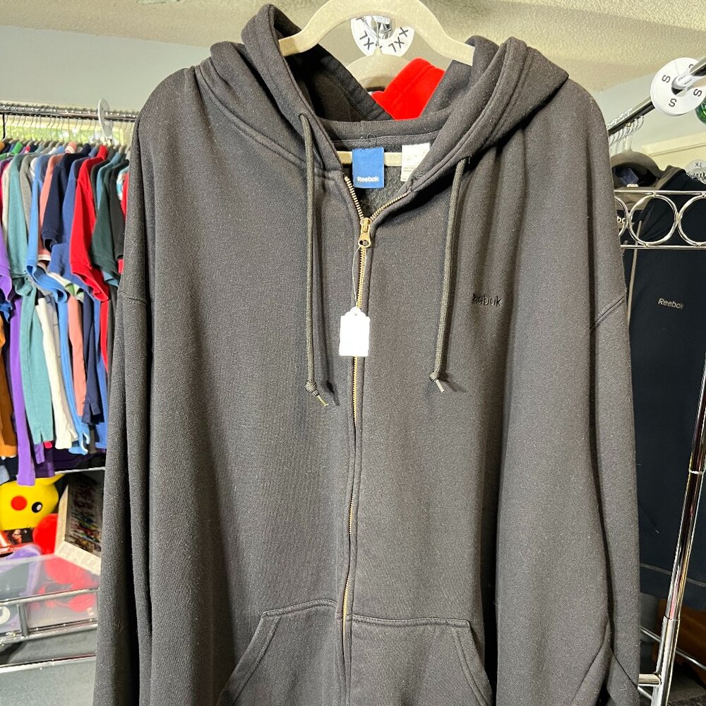 Reebok Grey Full-Zip Hoodie with Text Logo and Kangaroo Pocket SZ XL